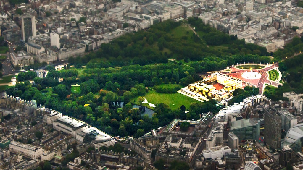 Aerial view of St. James’s Park, Green Park and Buckingham Pal
